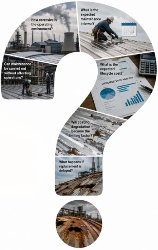 Photo collage shaped like a question mark showing a corrosive plant environment, roof maintenance work, a lifecycle cost analysis report, coating degradation and a delayed roof replacement
