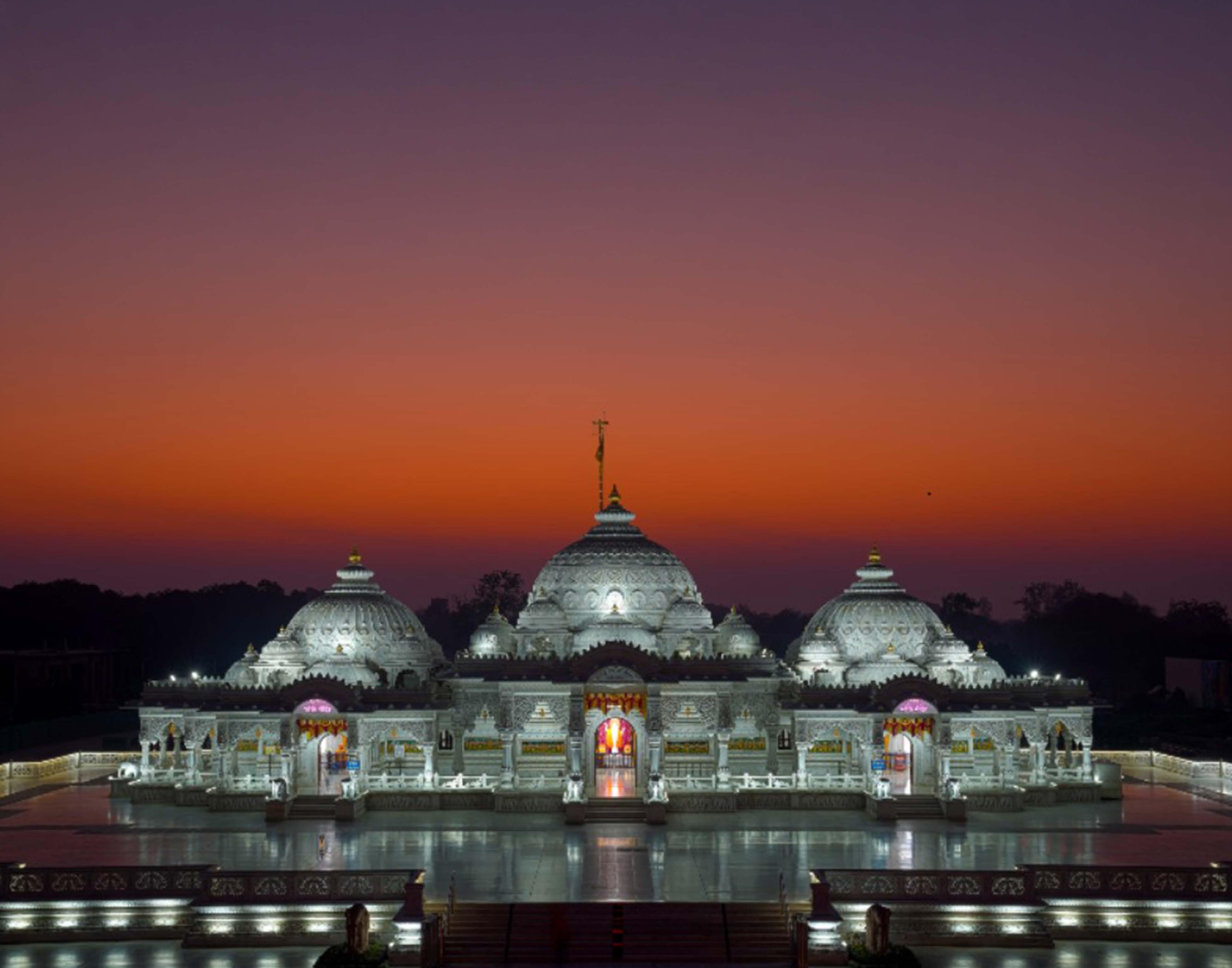 Sadhana Bhavan temple at dusk