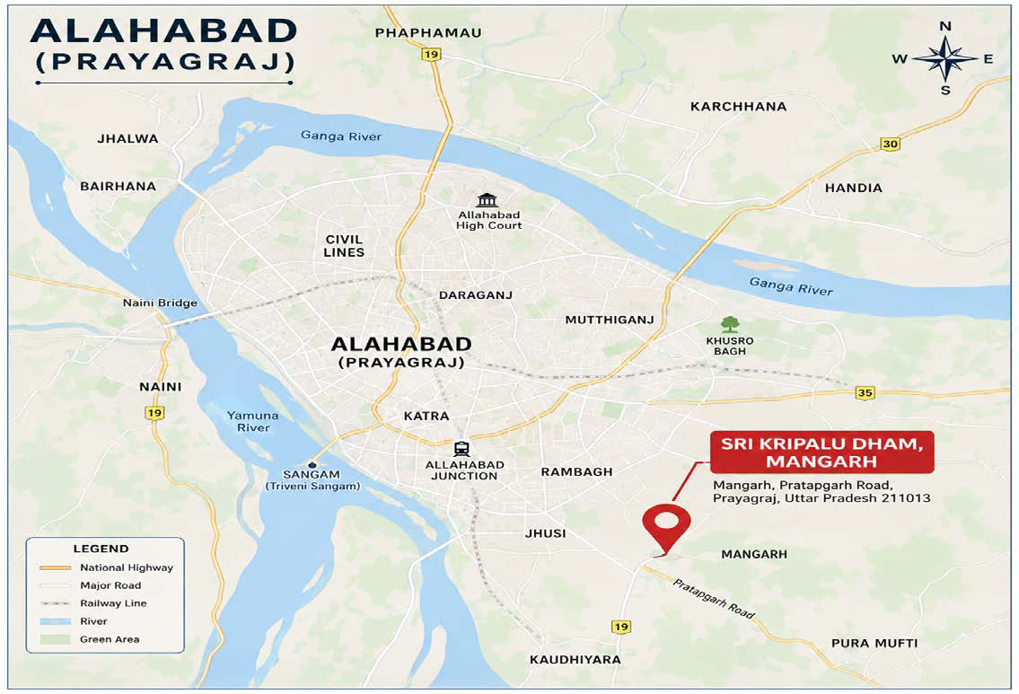 Map showing Shri Kripalu Dham, Mangarh near Prayagraj, Uttar Pradesh