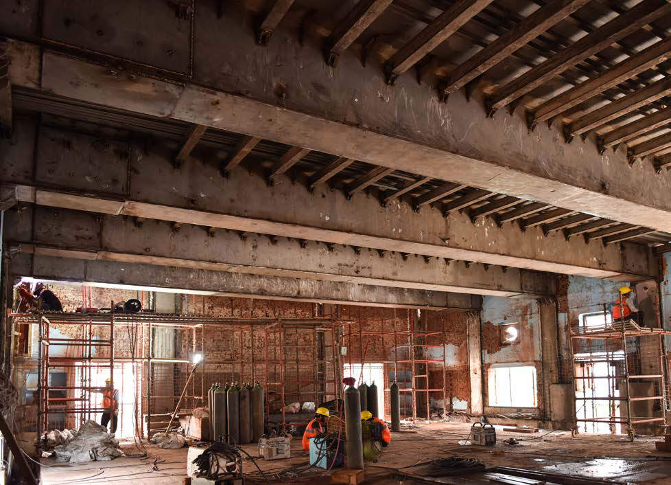 Reinforced beams running the length of the hall interior