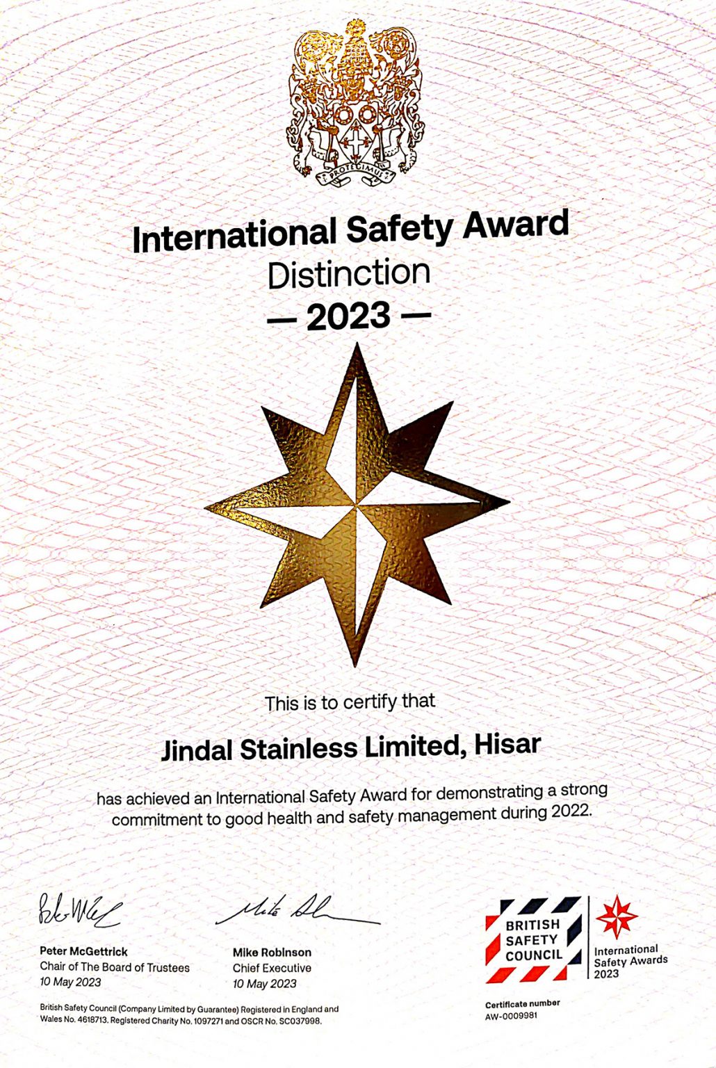 Jindal Stainless Wins 4th Consecutive British Safety Council Award